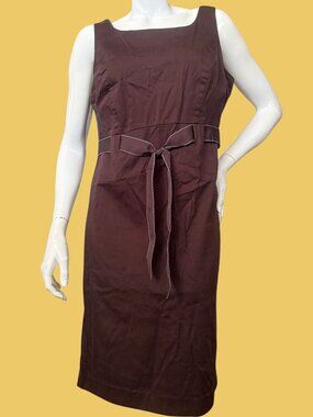 Studio I Brown Midi Dress Size 10 Cotton Spandex Tie Waist Classic Chic